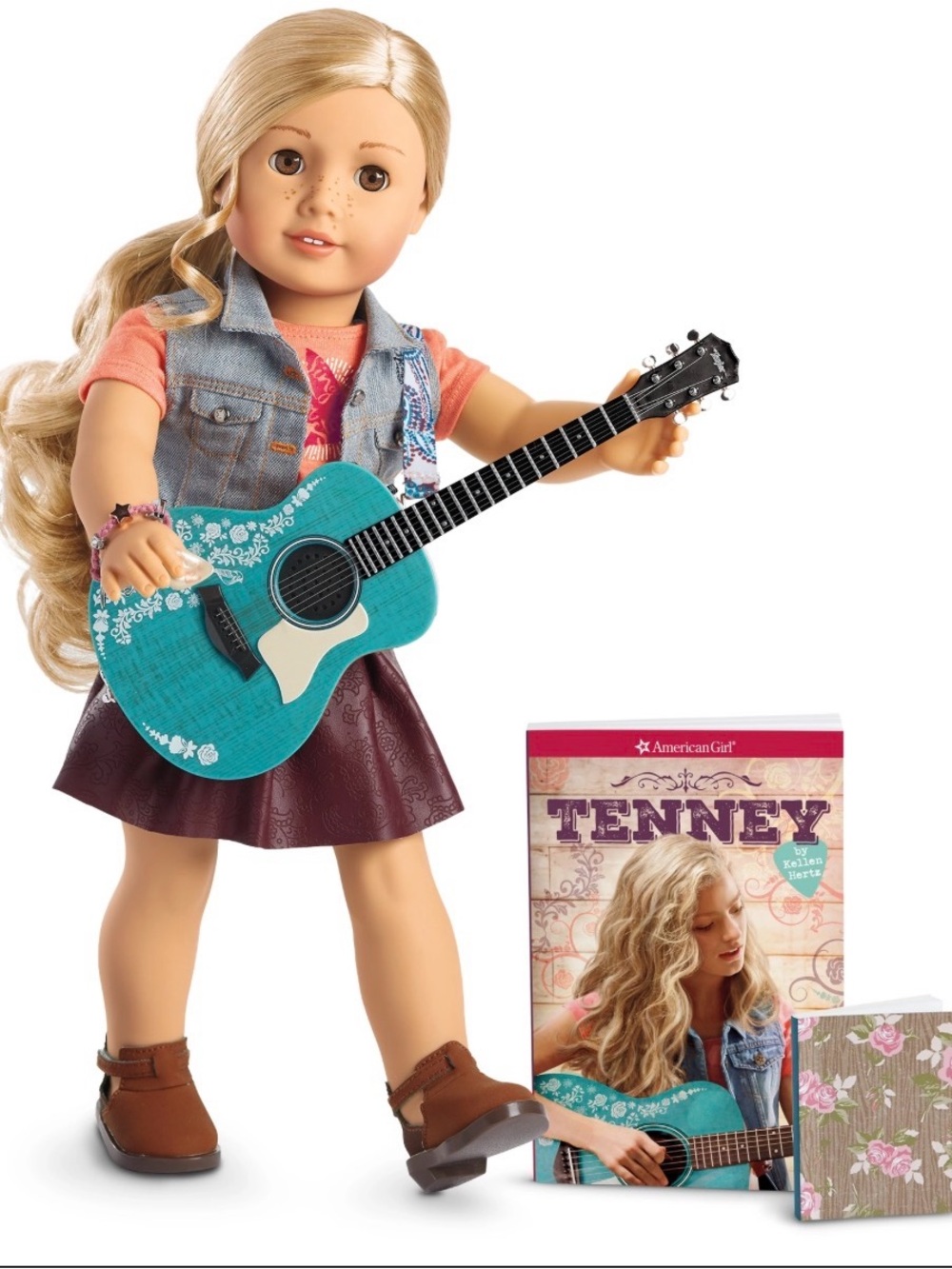 American Girl Tenney Doll with Teal Guitar and Denim Vest